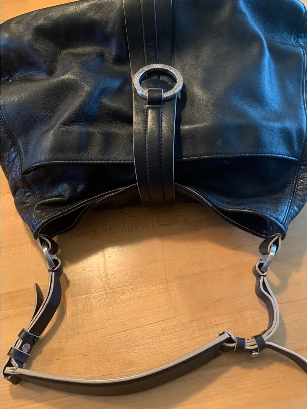 Ann Taylor Black Leather Interior Tote with Cream Fabric Lining
